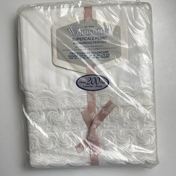 VTG Wamsutta Std Pillowcase Pair Supercale Plus White Embroidered Cottage‎ 200 - Picture 1 of 8